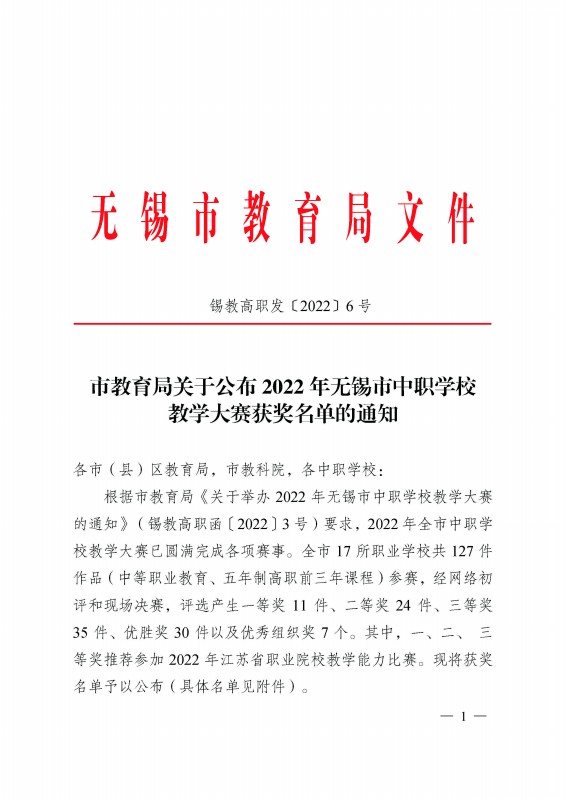 學校在2022年無錫市中職學校教學大賽中獲得佳績